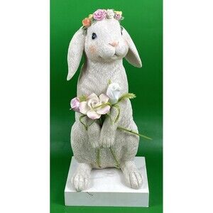 12" Bunny Rabbit Holding 3 Long Stem Porcelain Roses Raz Imports